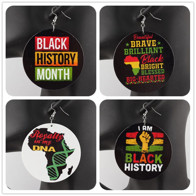 라운드 I am Black History Month 나무 귀걸이