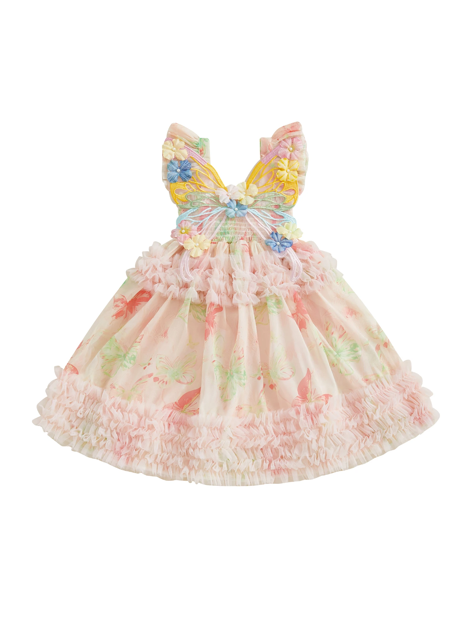 FOCUSNORM 1-5 Jahre Kleine Kinder Mädchen Kleid Schmetterlingsdruck Fliegenärmel Rüschen Freizeitkleid Kinder Mode Sommerkleid – Detail 1