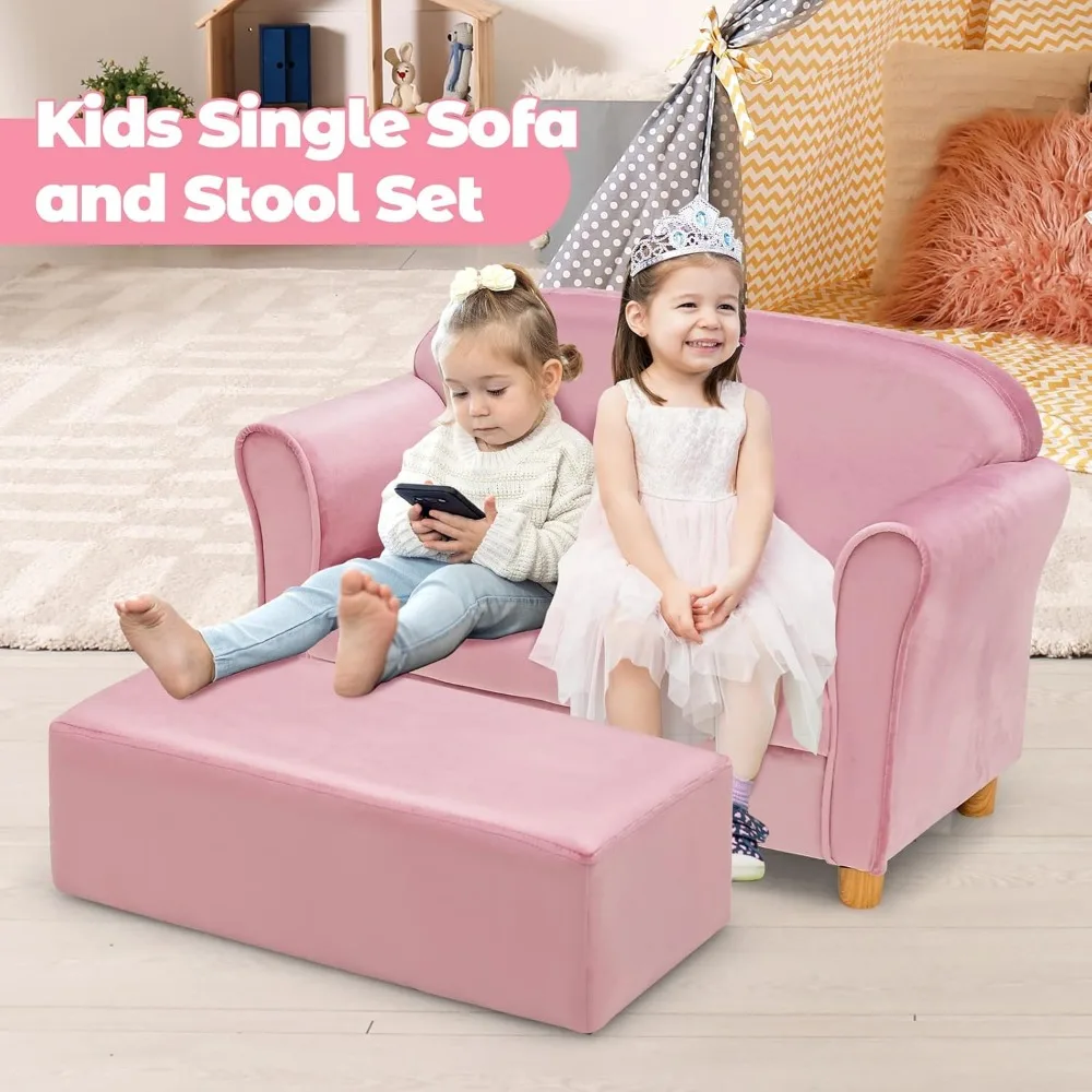 Kids Sofa with Ottoman, 2 Seat Toddler Upholstered Couch, Children Armrest Chair Lounge for Nursery Kindergarten Kids Room 4