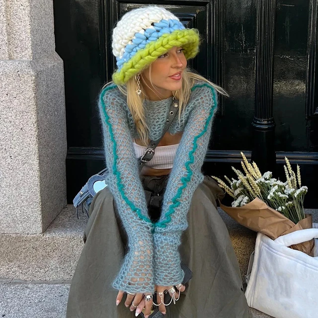 Dourbesty Women Y2K Knitted Long Sleeve Crochet Shrug Top Hollow Out  Patchwork Striped Super Crop Sweater Tops Streetwear - AliExpress