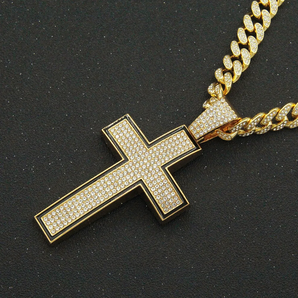 

Hip Hop Iced Out Cuban Chains Bling Diamond sliver Cross Pendant Mens Necklace Miami Big Gold Chain Charm Jewelry for Men Choker