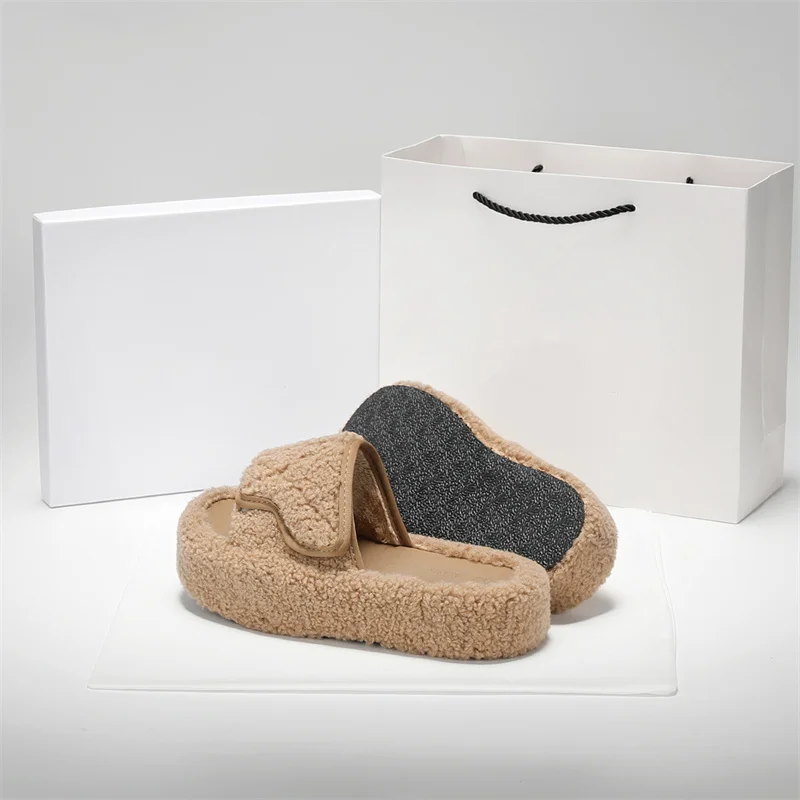 New Women's Fur Slippers Imitation Lamb Hair Fashion Elevated Slippers Women's Home Casual Thick Sole Slippers