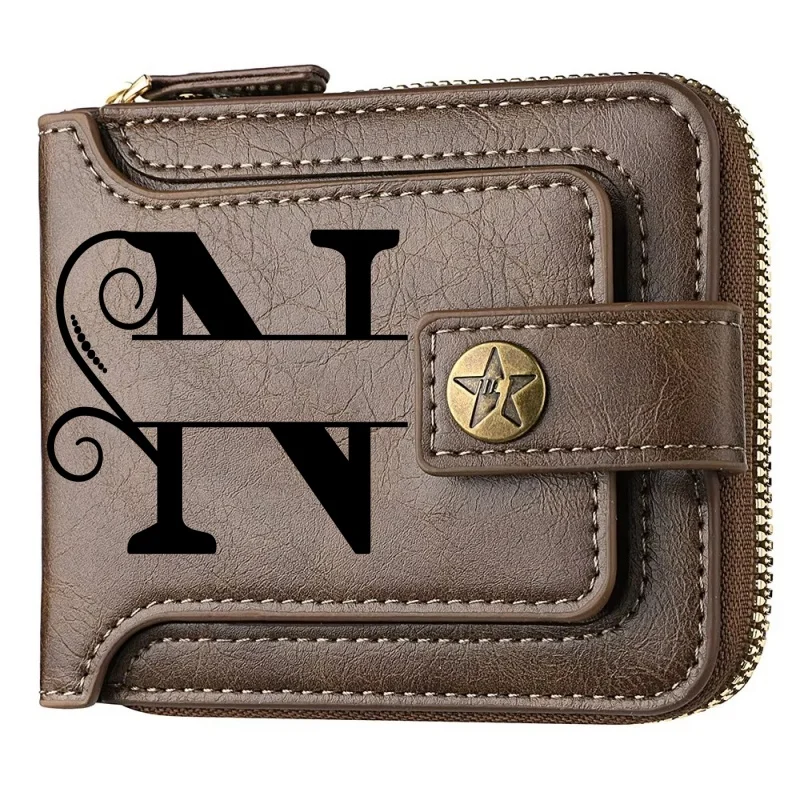 Personalized Men's Faux Leather Wallet - Stylish Brown Wallet with Engraved Design, Snap Closure, and Zippered Card Holder
