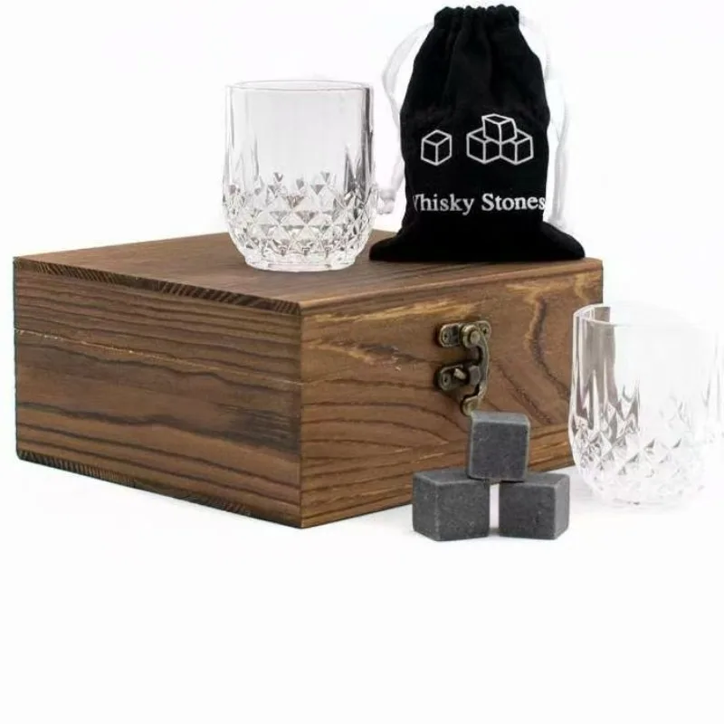 Whiskey Stones Glasses Set Granite Ice Cube Glass Cup Wooden Bottle Box Fathers Day Gifts for Dad whiskey stones set