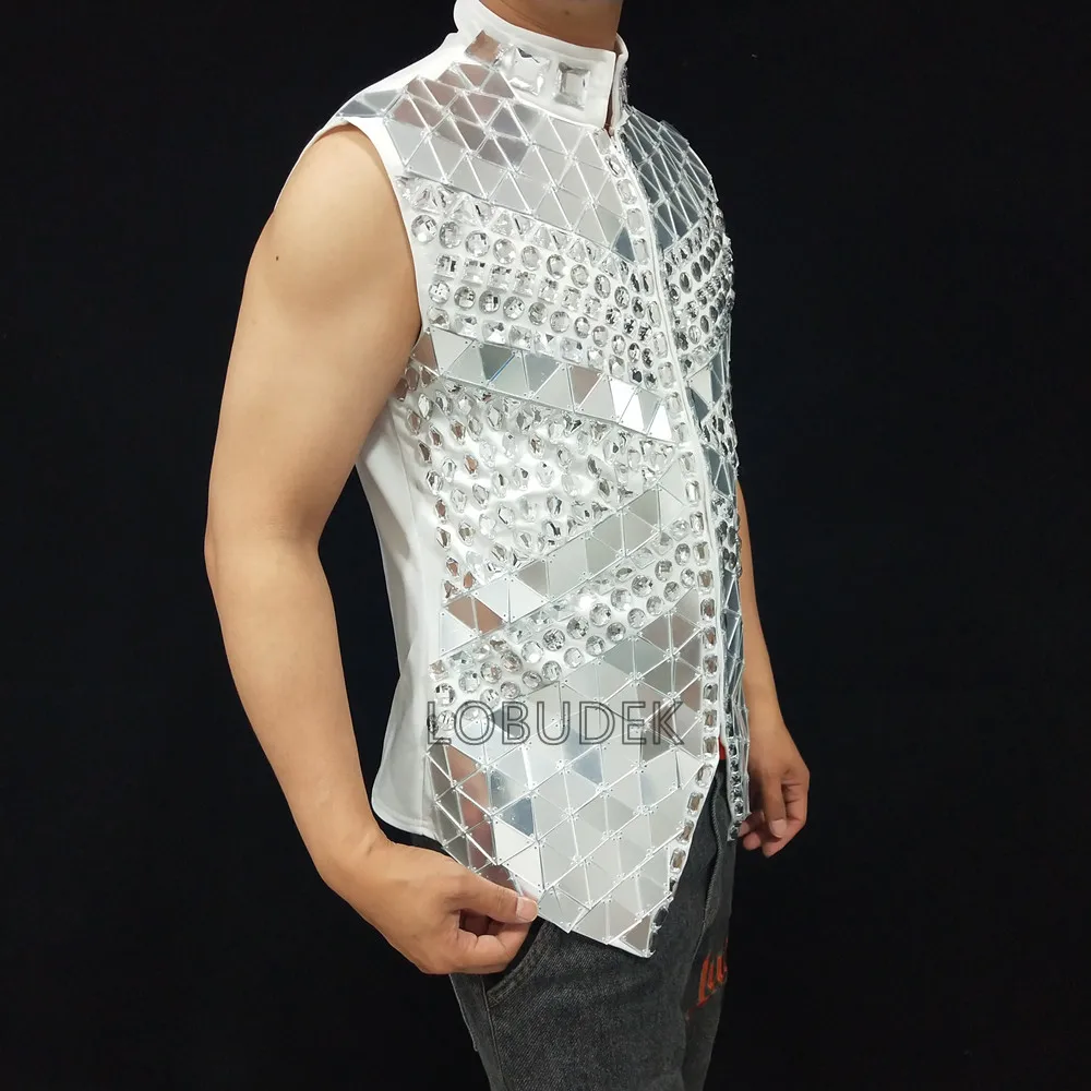 Bar Male Singer Rhinestones Mirror Waistcoat Slim Vest Nightclub Dance Costume Red Black Blue White michael jackson cosplay outfit