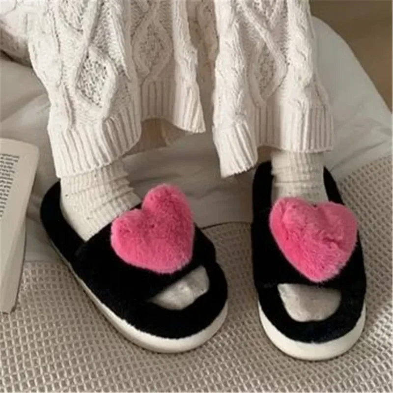 

Heart Love Fluffy Fur Slippers Women Warm Open Toe Plush Memory Foam Slide Slippers Home 2023 Winter Indoor Shoes