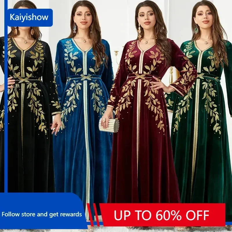 

Осеннее арабское длинное платье Caftan для женщин, зимние мусульманские Вечерние платья с золотой вышивкой, марокканский кафтан, Дубай, Турецкая абайя