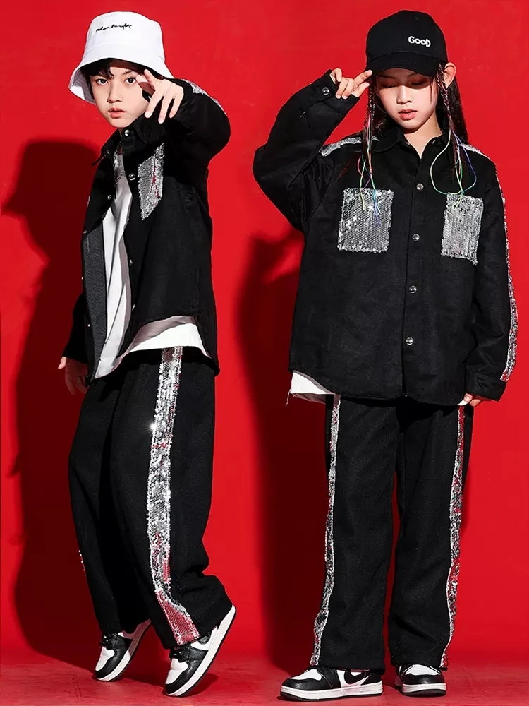 

Black Hip Hop Dance Costume Boys Girls Jazz Performance Clothes Kpop Outfit Coat Pants Kids Hiphop Suit Rave Streetwear BL9414