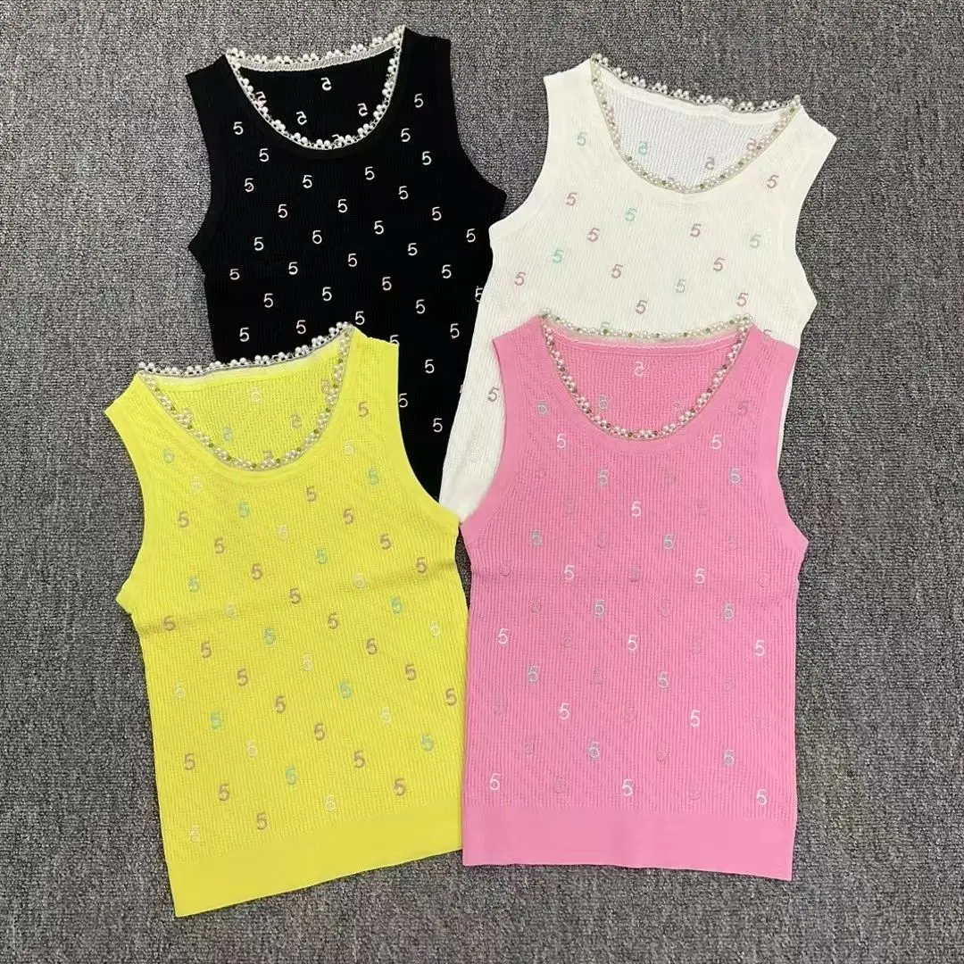 

High Quality Women Summer New Sweet Cute Heavy Beading Digital Embroidery Pearls ONeck Knitted Sleeveless Vest Tank Top