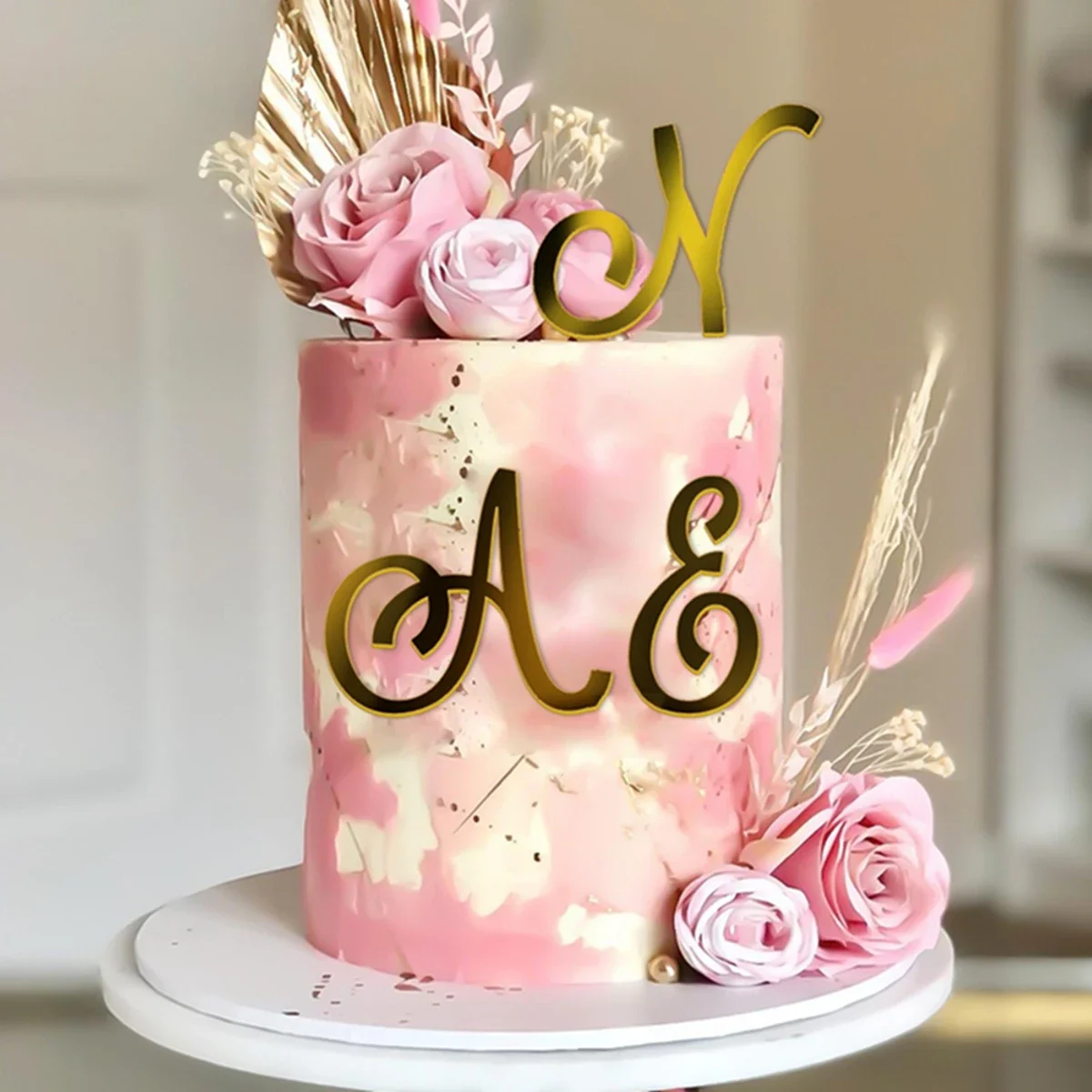 Golden Mirror Acrylic Cake Decoration Happy Birthday Uppercase English Letter Set Wedding Party Cake Topper Cupcake Insert Flag