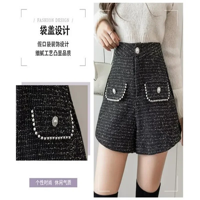 Elegant Shorts for Women Pearls Beading Fake Pocket Korean Women Shorts Pink White Black Woolen Shorts Women Wide Leg Slit
