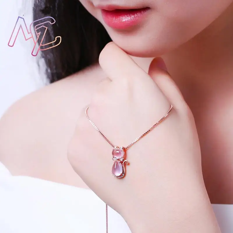 Pink Natural Jade Cat Pendant Necklace Stone Gifts for Women Real Jewelry Rose Gold Plated Charm Fashion Accessories Designer pendant necklace