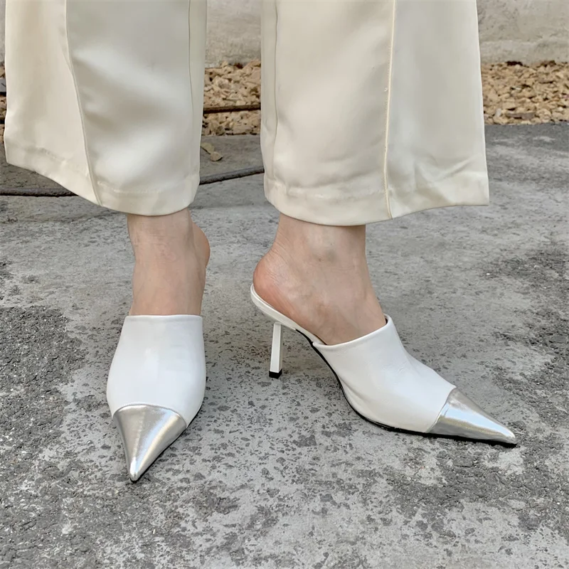 2024 New Summer Fashion Silver Women Slippers Thin Low Heels Female Pointed Toe Design Slip On Summer Ladies Mules Slides Shoes