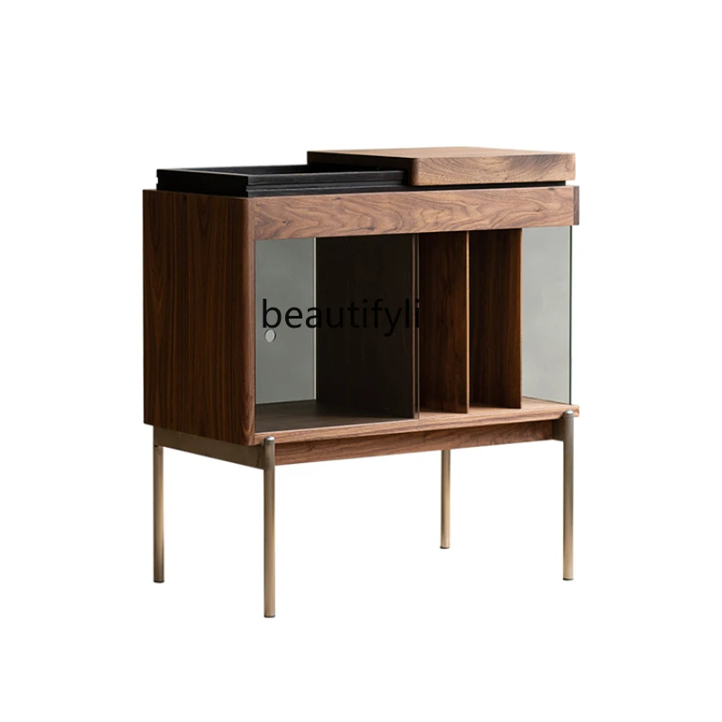 

Magazine Low Side Cabinet Black Walnut Glass Side Table Solid Wood Living Room Sofa