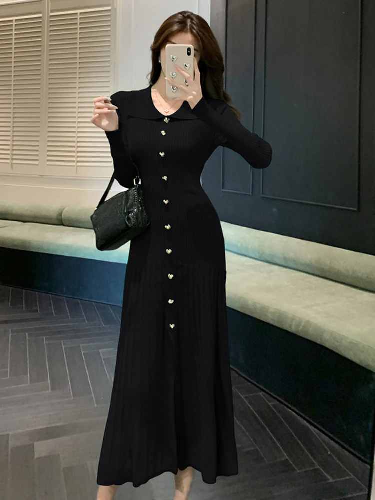 Vestiti delle donne Lavorato a maglia Risvolto Monopetto Skinny Fishtail Abito lungo Maglione Casual Elastico Robe Mujer Abiti Autunno Inverno 5