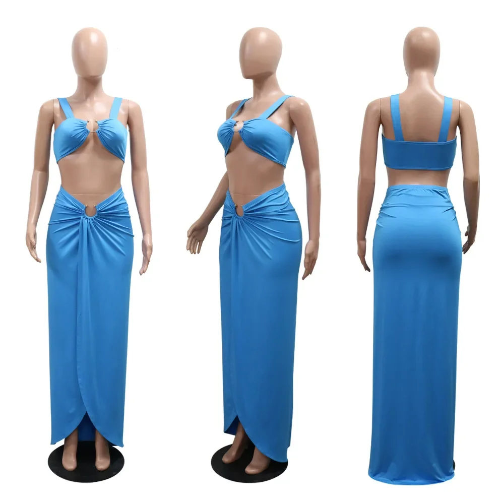 Women's Set Sleeveless Crop Top + Long Split Skirts Suit 2024 Summer Hollow Out Streetwear Beach Sexy Two 2 Piece Sets