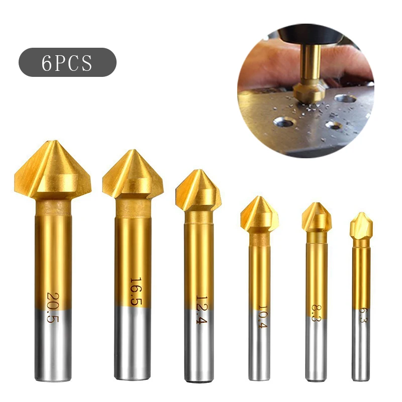 6Pcs HSS Countersink Drill Bit 90Degree Countersink Chamfering Tools Wood Steel Chamfer Cutter 6.3/8.3/10.4/12.4/16.5/20.5mm 3pcs 5 flute chamfer countersink drill bit 1 4 hex shank hss 90 degree wood chamfering cutter 12 16 19mm