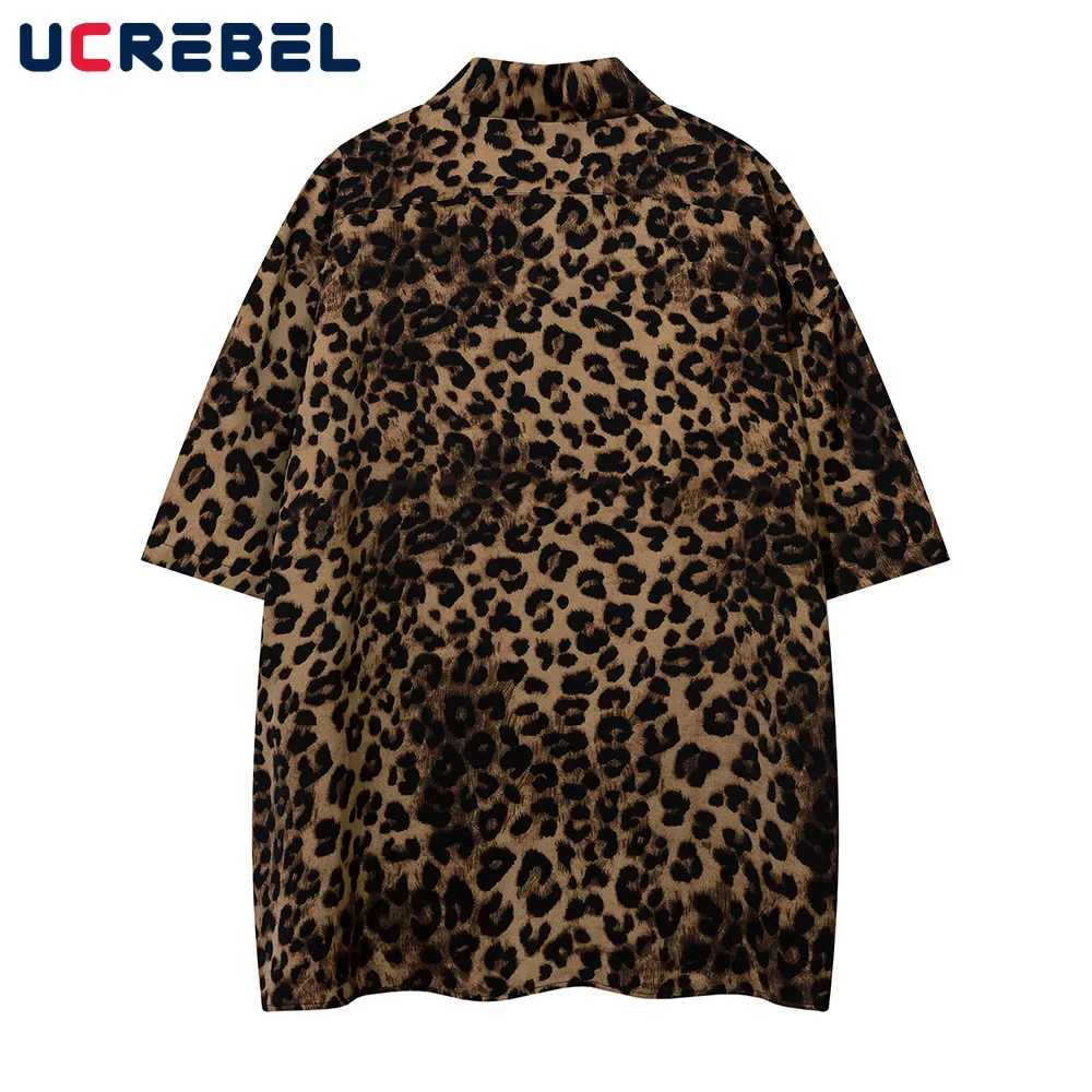 Leopard Print Short Sleeve Cotton Tee Mens Summer High Street Loose Lapel Single Breasted Half-Sleeve Tshirt Men 2
