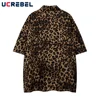 Leopard Print Short Sleeve Cotton Tee Mens Summer High Street Loose Lapel Single Breasted Half-Sleeve Tshirt Men 2