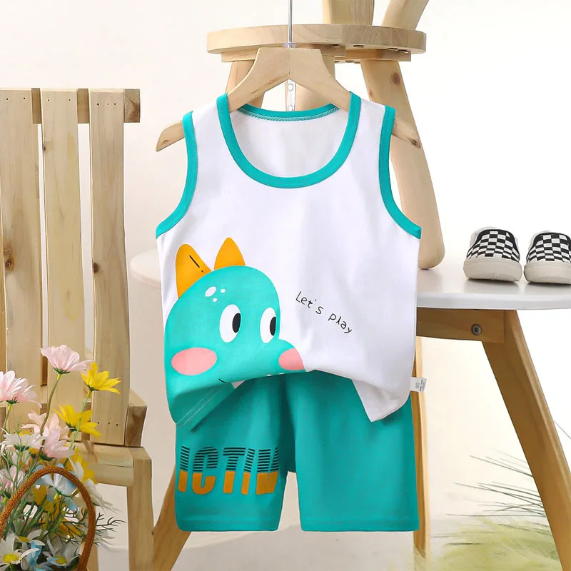 Boys Vest Set Summer Cotton Children's Sleeveless Cartoon Wool Comfort Class A Thin Two-piece for 6-9months