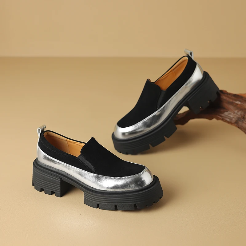 New Platform Women's Loafers Shoes Square Heels Kid Suede Elastic Band Casual Splicing Mixed Colors Retro Style Grinding Texture