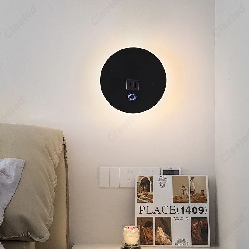 Simple LED Touch Dimming EU Plug Wall Light USB Charging Port Bedroom Bedside Lamp Living Room Corridor Decorative Wall Light