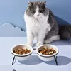 Cat Ceramic Double Food Water Bowls White Small Dog Drinking Eating Feeding Bowl with Stand Pet Neck Guard Feeders 6