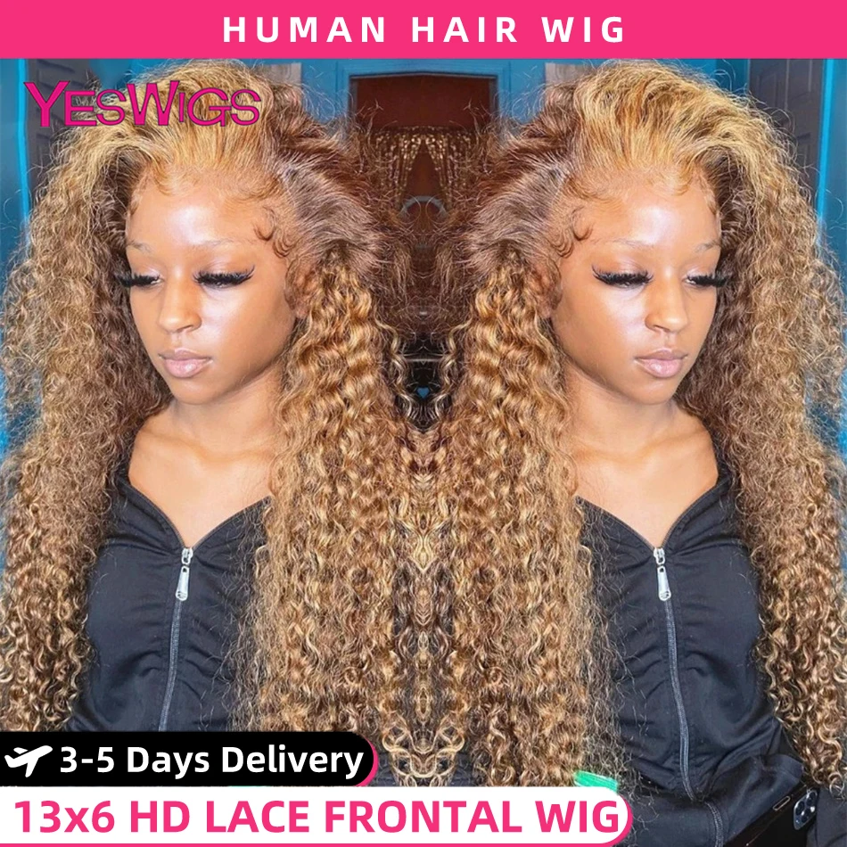HD 13x4 Brown Lace Front Wig Honey Blonde Curly Human Hair Wigs Ombre Highlight Wig Human Hair 13x6 Deep Wave Lace Frontal Wig
