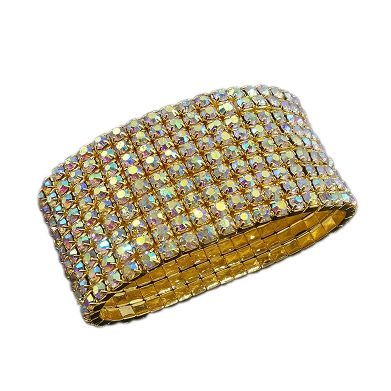 9-Row Rhinestone Stretch Beaded Crystal Bracelet Silver Plated and Gold Color Bridal Wedding for Women