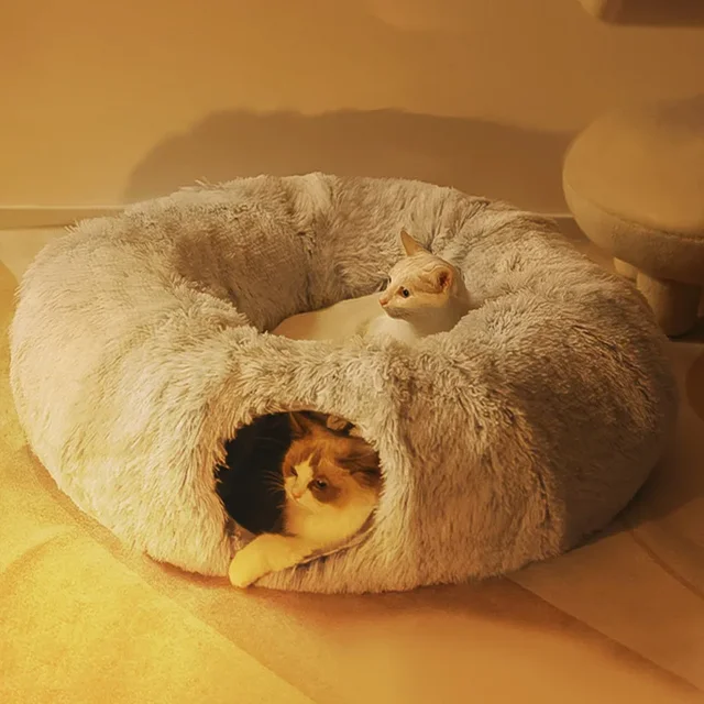 2 In 1 Round Cat Beds House Funny Cat Tunnel Toy Soft Long Plush Dog Bed For Small Dogs Basket Kittens Bed Mat Kennel Winter 6