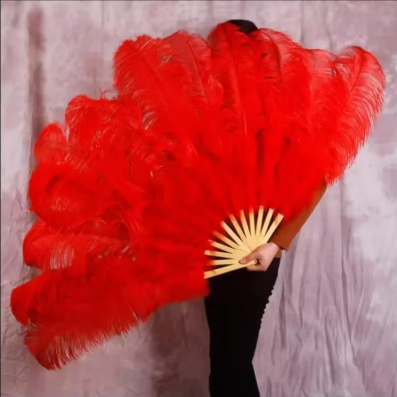 Handheld Big Red Ostrich Feather Fan 100CM 130CM Feathers for Carnival Stage Performance Belly Dance 13 Bone Crafts Fan