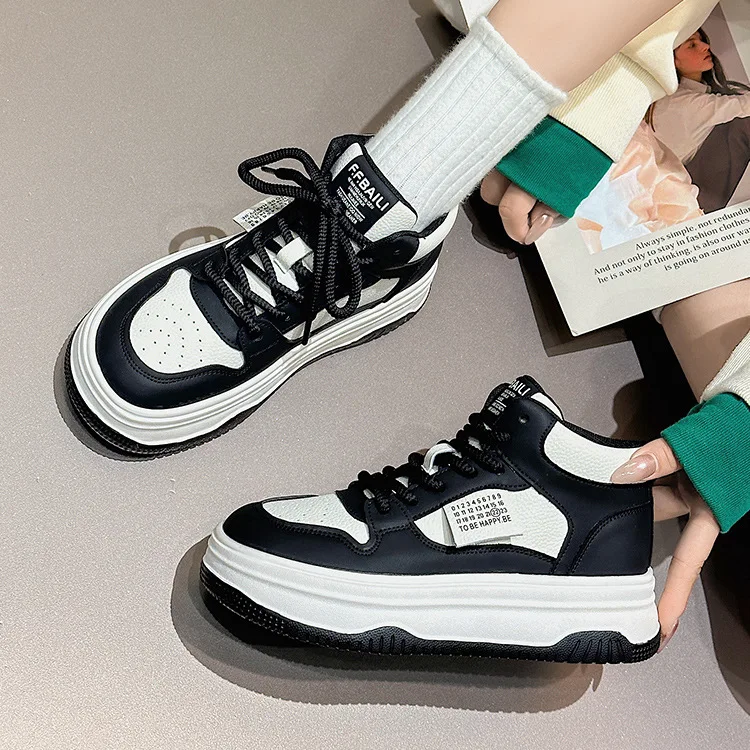 EVA Genuine Leather High Top Shoes for Women's 2023 Autumn New Women's Shoes Panda Versatile Women's Cowhide Sports Casual Shoes