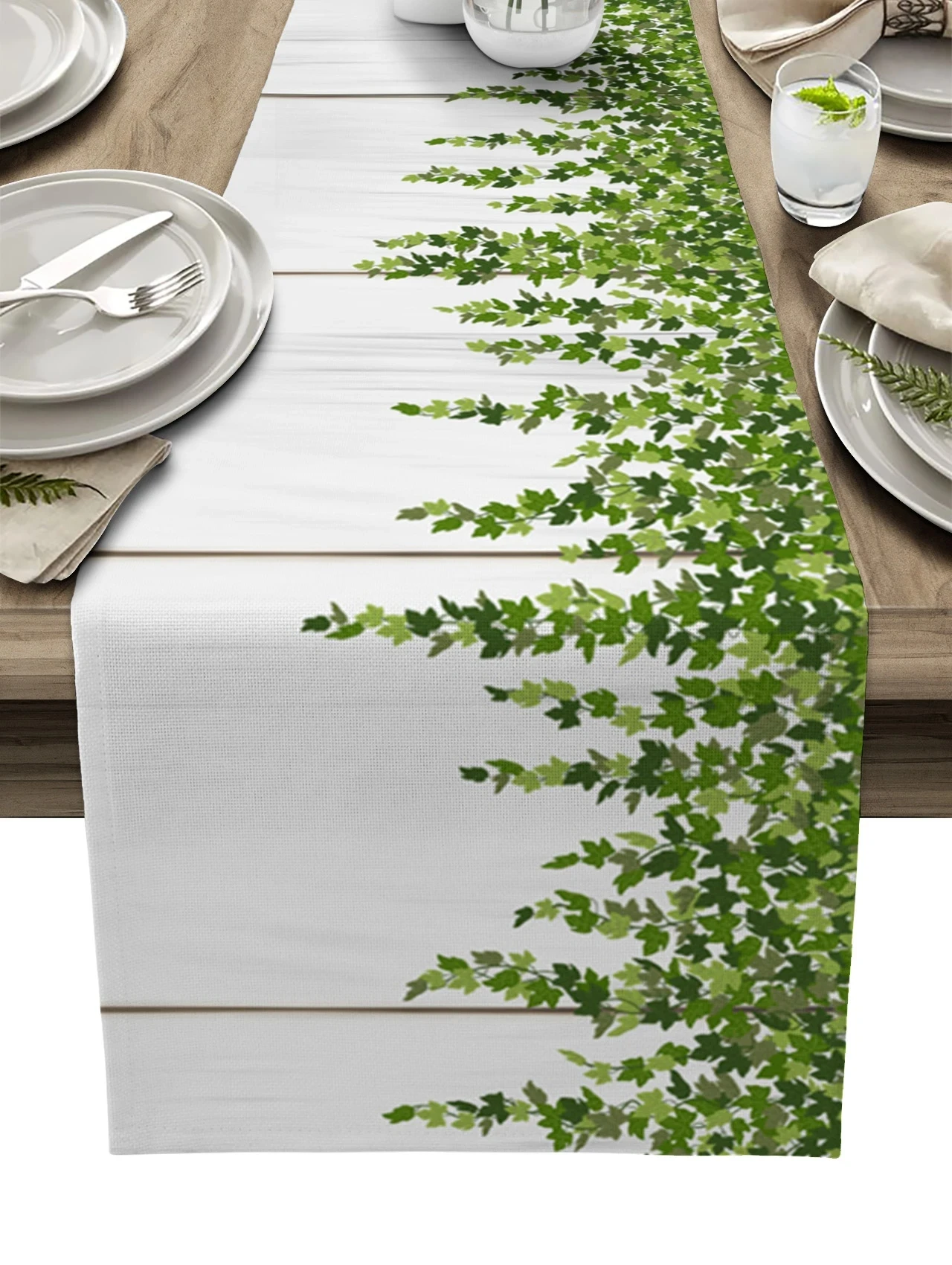 

Spring Plant Leaves Rattan Wood Grain Linen Table Runners Kitchen Table Decor Washable Table Runners Wedding Decorations