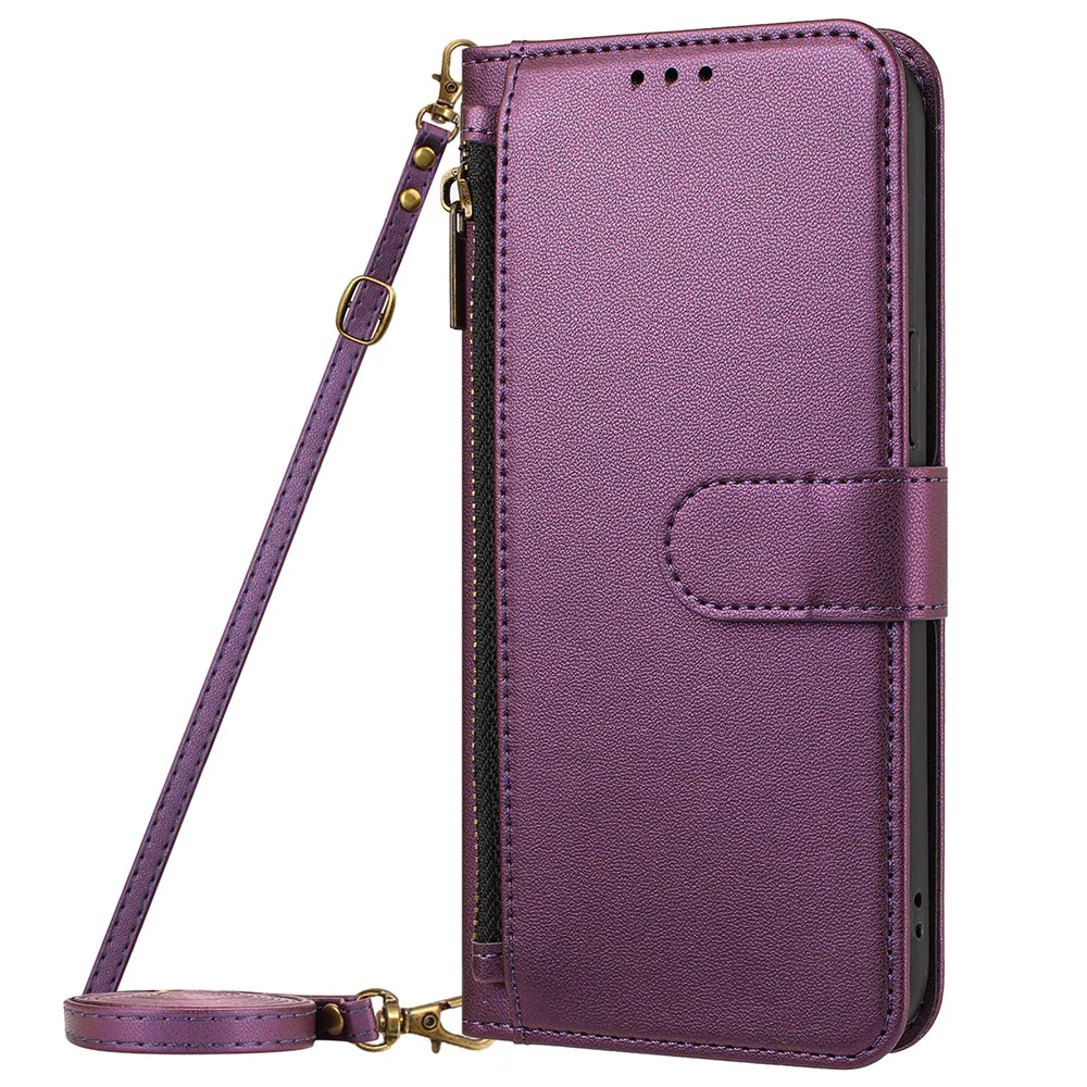 Leather Wallet Crossbody Phone Case with Lanyard Strap and Zipper