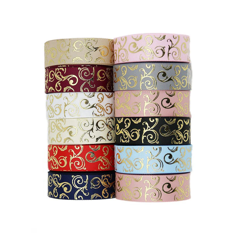(10 Yards/lot)25mm Gold Hot Stamping Ribbons Printed Grosgrain Gift Packaging Wedding Accessories Materials Ribbon Decoration