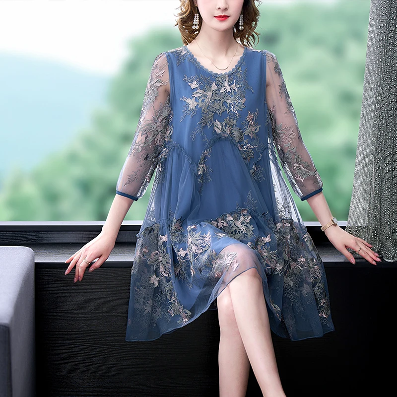 

2024 Summer Short Sleeve Crew Neck Embroidered Blue Dress Vintage 5XL Plus Size Casual Dress Elegant Bodycon Party Vestidos