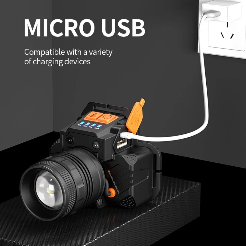 캠핑 낚시를위한 내장 배터리 USB 충전식 헤드 손전등과 고전력 50W LED 유도 전조등 회전 줌