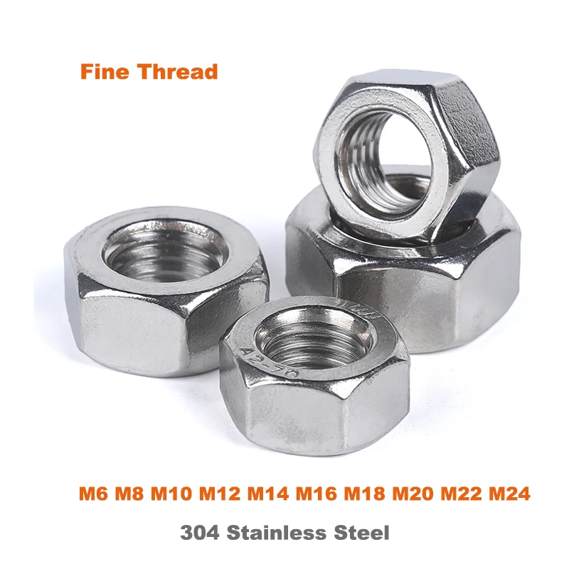 

DIN934 Fine Thread Hex Nut M6 M8 M10 M12 M14 M16 M18 M20 M22 M24 A2 304 Stainless Steel Fine Pitch Teeth Hexagon Nuts Fasteners