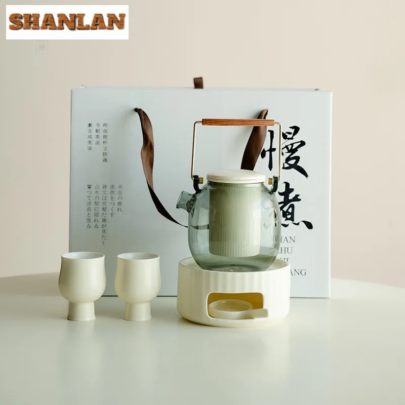 Milk Yellow One Pot Two Cups Candle Warm Tea Stove Set Chinese Ceramic Heating Tea Base Thickened Glass Cooking Kettle Gift Box