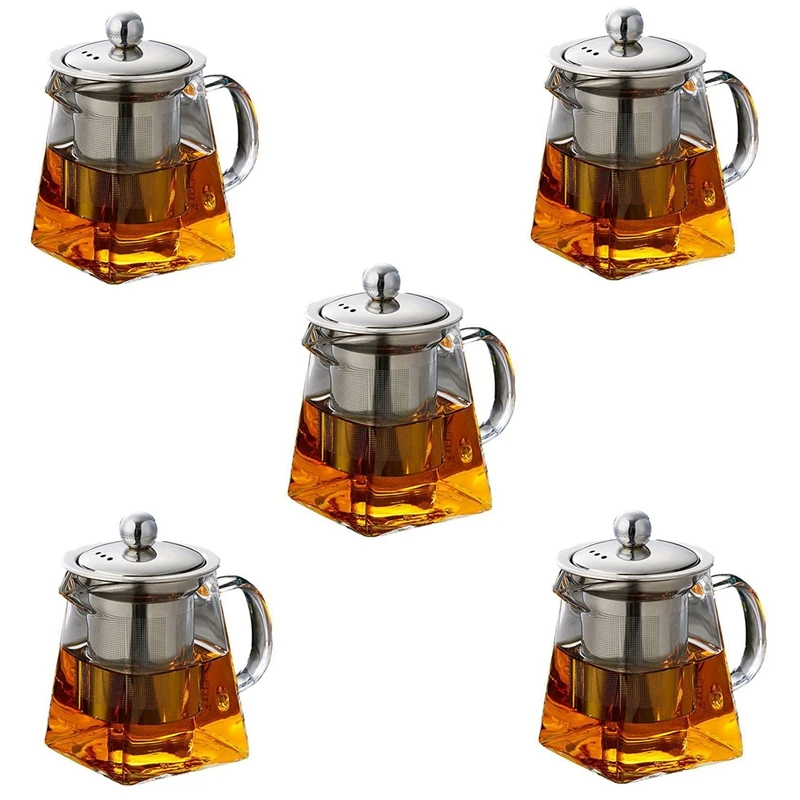 

5X Thickened Glass Teapot Heat Resistant Flower Bubble Tea Pot Stainless Steel Filter Teapot Square Pot Set 350Ml