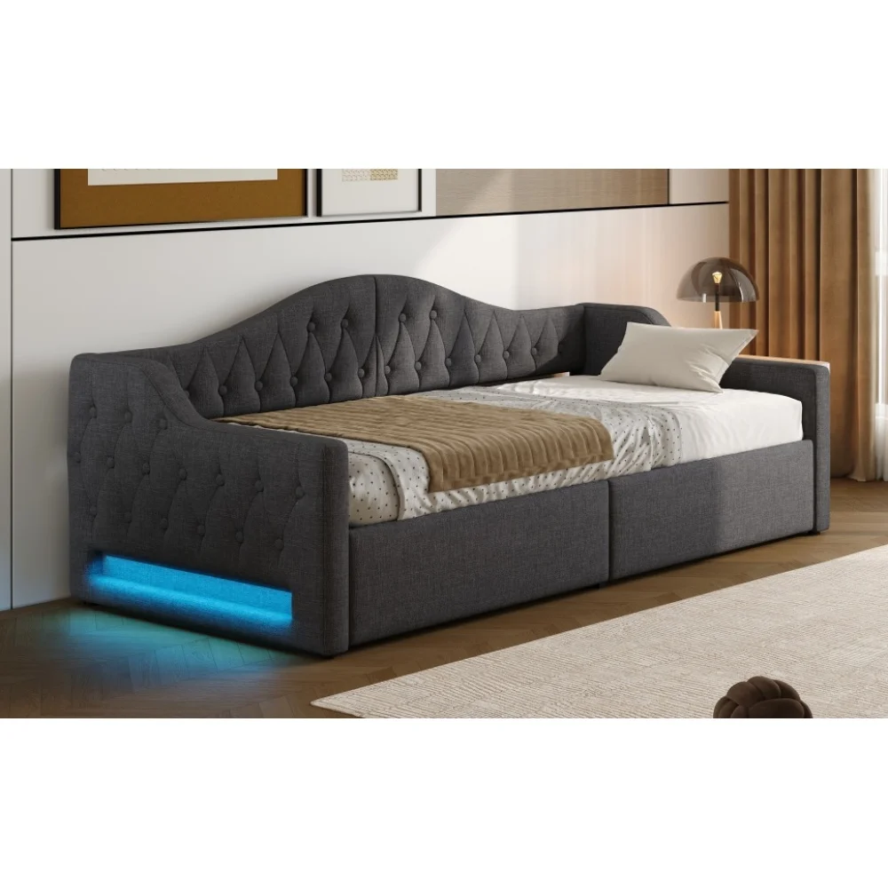 Bettgestelle und -gestelle, graues gepolstertes Tagesbett mit LED-Streifen, Stauraum unter dem Bett (ohne Matratze), Einzelbett in Doppelbettgröße – Detail 28