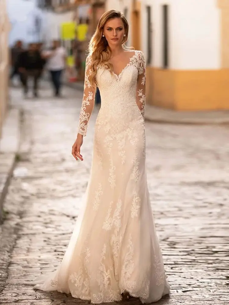 Elegant Mermaid Wedding Dresses Long Sleeves V-Neck Lace Appliques Bridal Dress Sweep Train Tulle Wedding Gown Vestidos De Novia bridal gowns Wedding Dresses