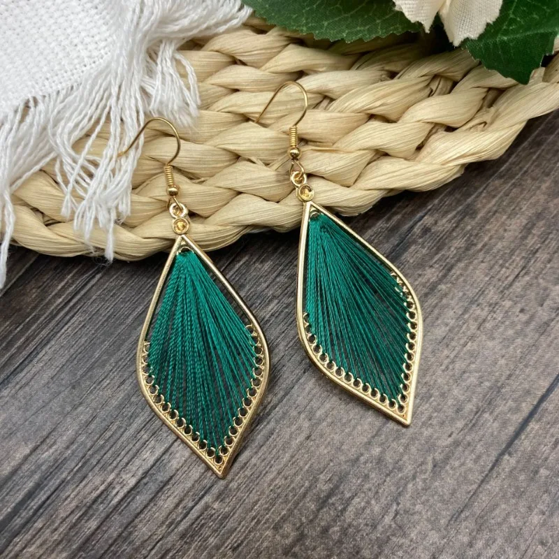 Europe and The United States Retro Ethnic Hand-woven Rhombus-shaped Leaf Earrings Women Fashion Personality Jewelry Accessories dangle earrings