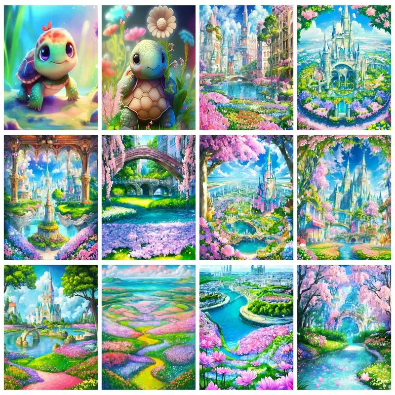 

RUOPOTY City Castle Painting By Numbers For Adults Kits Pink Flowers Cartoon Landscape Canvas Painting Starter Kit For Home Deco