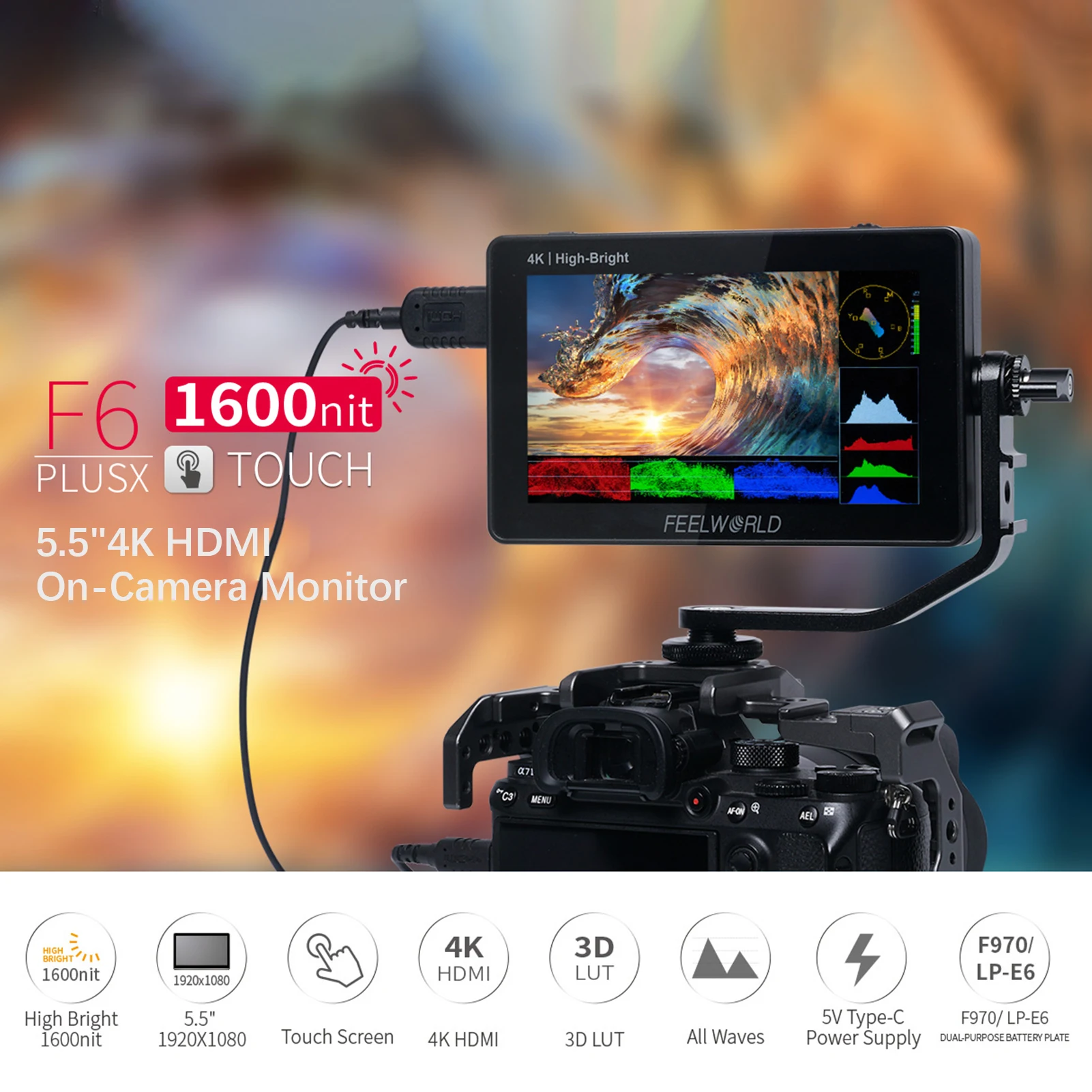 FEELWORLD F6 PLUSX 5.5-Inch IPS Monitor 1600nit Video Panel 1920*1080px Touch Control 4K UHD Input Output Support NP-F Battery