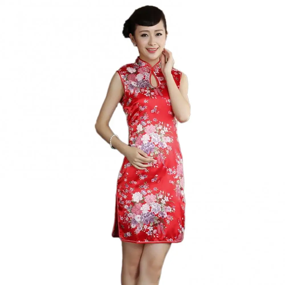 Sexy Women Sleeveless Qipao Dress Mandarin Collar Peacock Print Side Slitting Hem Short Dress Satin Evening Party Vestidos