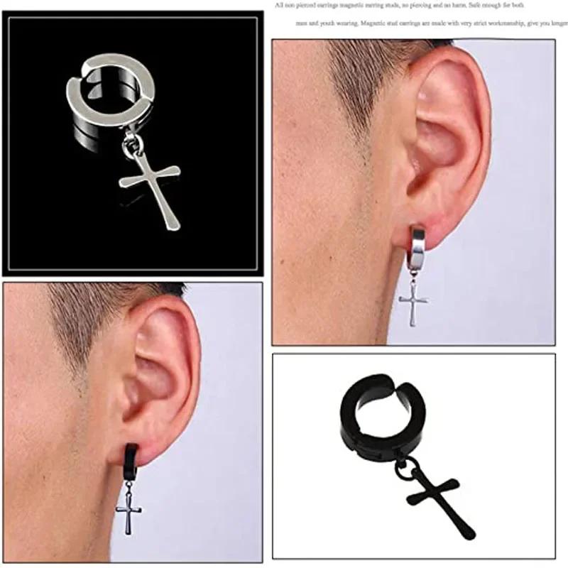 Magnetic Ear Clip Earrings 1 Pairs Men and Women Stainless Steel Ring Cross Non-Perforated Fake Gauge Jewelry Gift