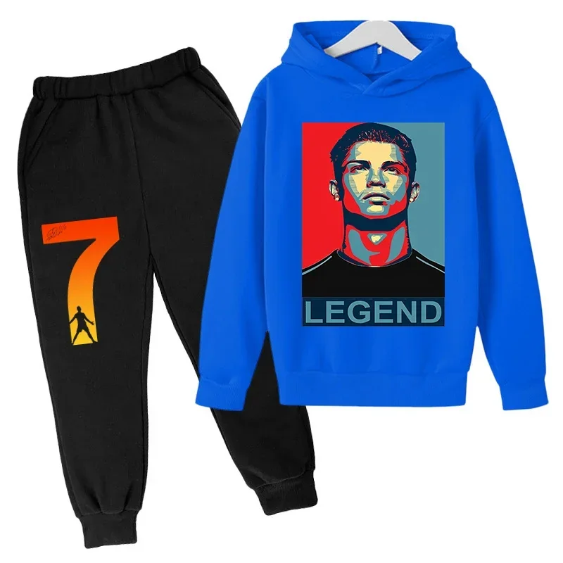 thumbnail image 1 of Conjunto de sudadera con capucha de primavera de Ronaldo, conjunto de 2 piezas de sudadera y pantalones azules informales para niños, ropa deportiva informal, chándal para niños, 1 of 5