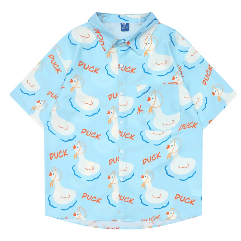 

Men Cartoon Duck Shirts Hip Hop Harajuku Full Print Summer Japanes Short Sleeve Shirts Loose Fashion Lapel Button Up Shirt