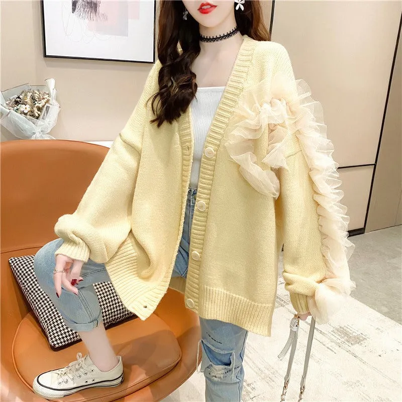 Autumn outfit net red small pure and fresh sweater coat female autumn winter new fund loose reduce age knit cardigan jacket pink sweater